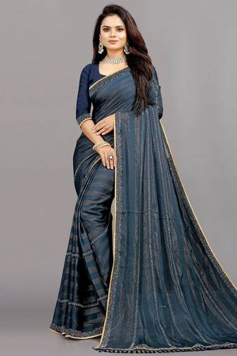 blue color georgette siroski work border saree with un-stitched blouse