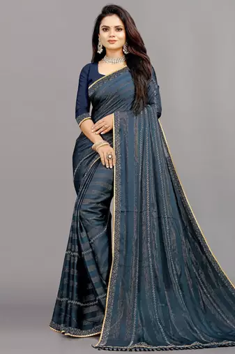 blue color georgette siroski work border saree with un-stitched blouse