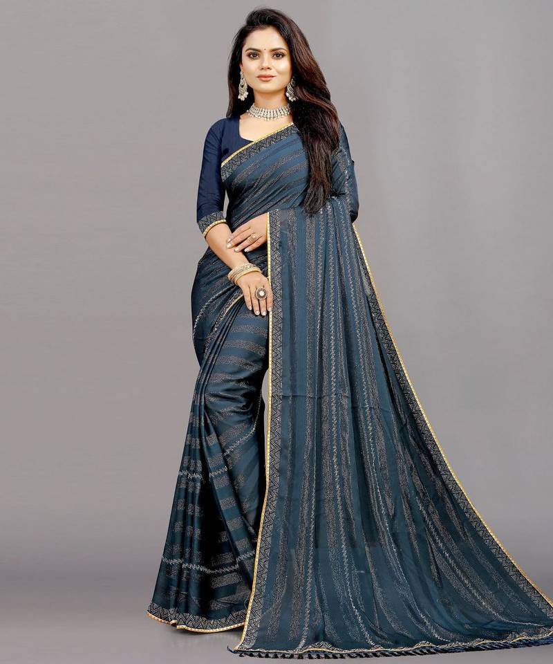 blue color georgette siroski work border saree with un-stitched blouse