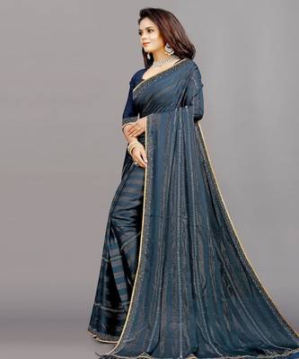 blue color georgette siroski work border saree with un-stitched blouse 2