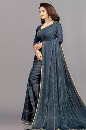 blue color georgette siroski work border saree with un-stitched blouse