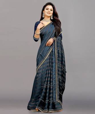 blue color georgette siroski work border saree with un-stitched blouse 3