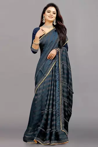 blue color georgette siroski work border saree with un-stitched blouse