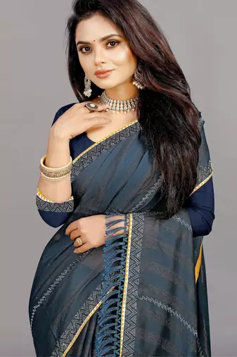 blue color georgette siroski work border saree with un-stitched blouse