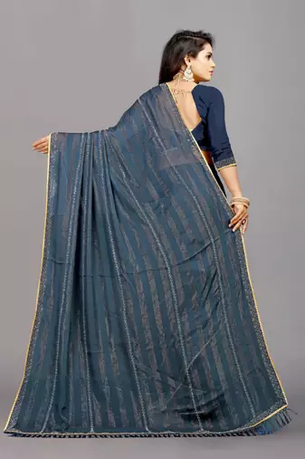 blue color georgette siroski work border saree with un-stitched blouse