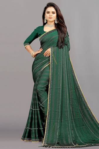green color georgette siroski work border saree with un-stitched blouse