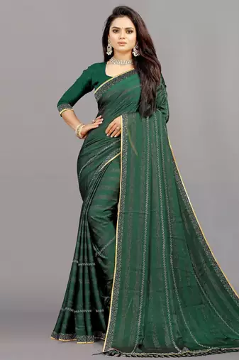 green color georgette siroski work border saree with un-stitched blouse