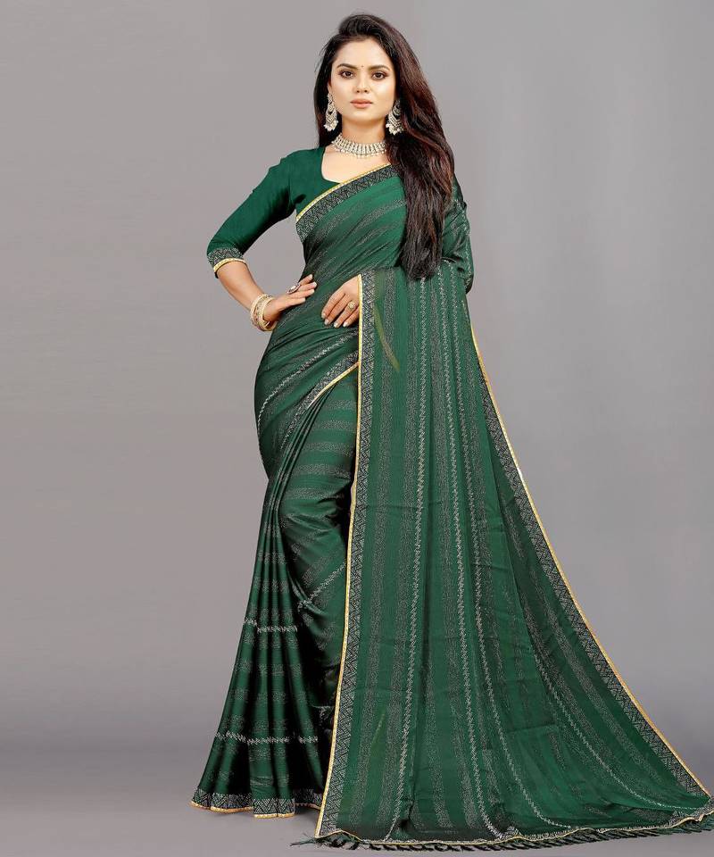green color georgette siroski work border saree with un-stitched blouse