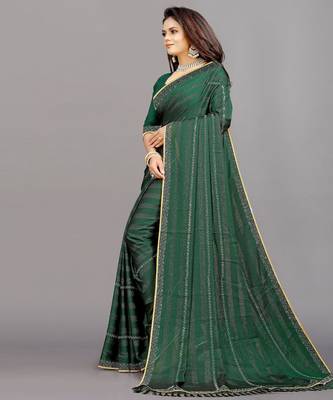 green color georgette siroski work border saree with un-stitched blouse 2