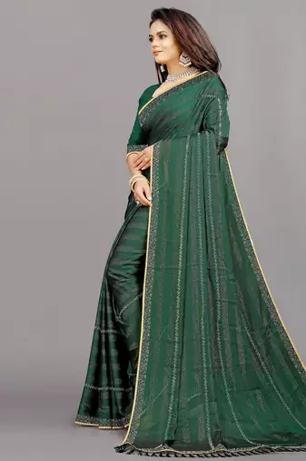 green color georgette siroski work border saree with un-stitched blouse