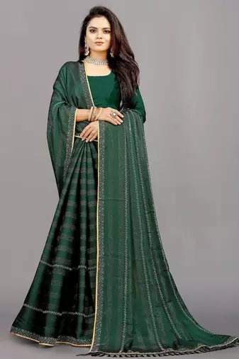 green color georgette siroski work border saree with un-stitched blouse