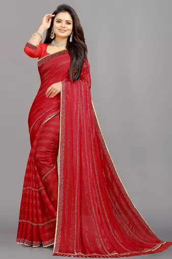 red color georgette siroski work border saree with un-stitched blouse