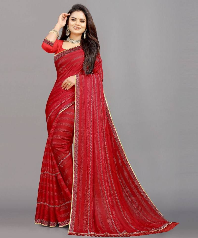 red color georgette siroski work border saree with un-stitched blouse