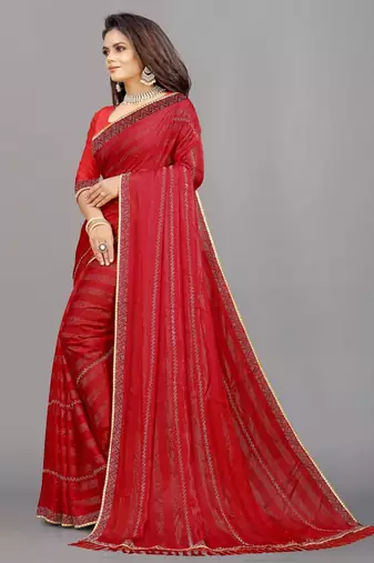 red color georgette siroski work border saree with un-stitched blouse