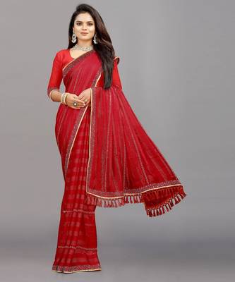 red color georgette siroski work border saree with un-stitched blouse 3