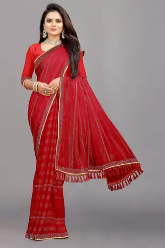 red color georgette siroski work border saree with un-stitched blouse