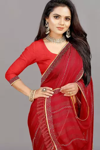red color georgette siroski work border saree with un-stitched blouse