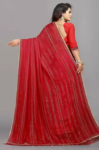 red color georgette siroski work border saree with un-stitched blouse