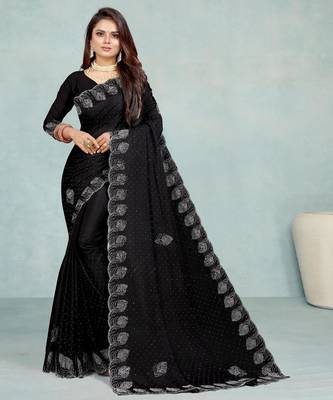 black color georgette siroski work border saree with un-stitched blouse 1