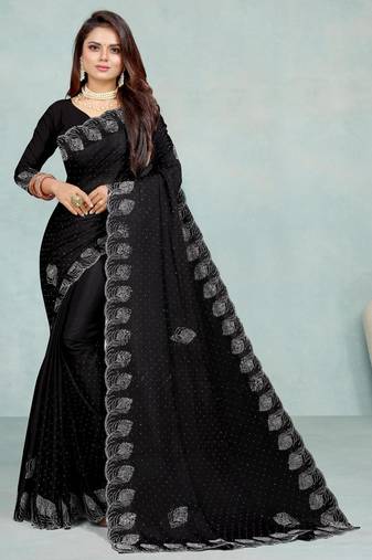 black color georgette siroski work border saree with un-stitched blouse