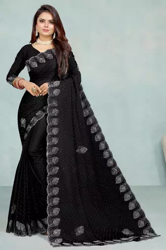 black color georgette siroski work border saree with un-stitched blouse