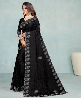 black color georgette siroski work border saree with un-stitched blouse 2
