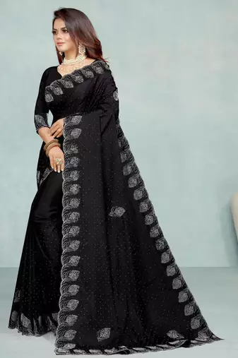 black color georgette siroski work border saree with un-stitched blouse