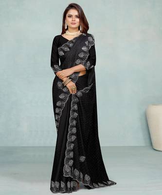 black color georgette siroski work border saree with un-stitched blouse 3
