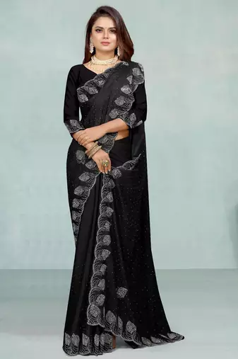 black color georgette siroski work border saree with un-stitched blouse