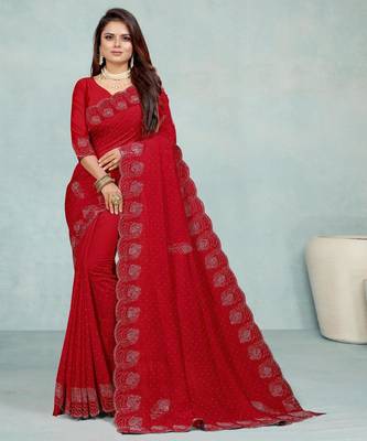 red color georgette siroski work border saree with un-stitched blouse 1