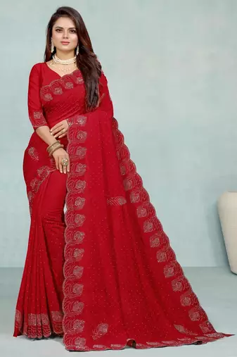 red color georgette siroski work border saree with un-stitched blouse