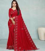 red color georgette siroski work border saree with un-stitched blouse