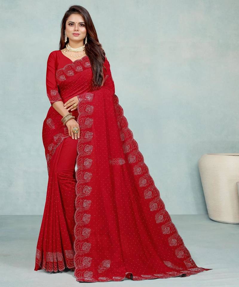 red color georgette siroski work border saree with un-stitched blouse