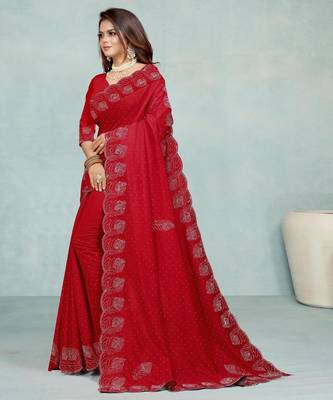 red color georgette siroski work border saree with un-stitched blouse 2