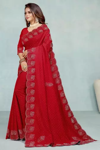 red color georgette siroski work border saree with un-stitched blouse