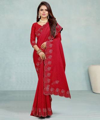 red color georgette siroski work border saree with un-stitched blouse 3