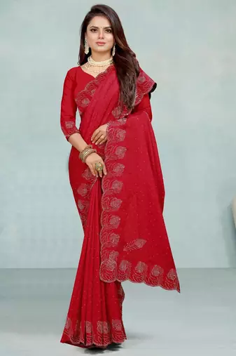 red color georgette siroski work border saree with un-stitched blouse