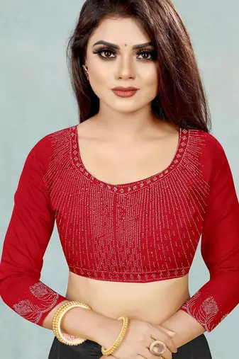 red color georgette siroski work border saree with un-stitched blouse