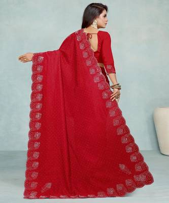red color georgette siroski work border saree with un-stitched blouse 5