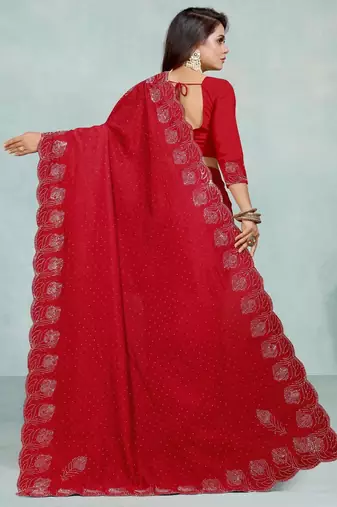 red color georgette siroski work border saree with un-stitched blouse