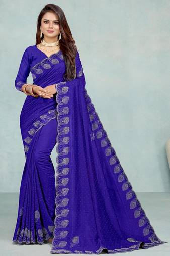 blue color georgette siroski work border saree with un-stitched blouse