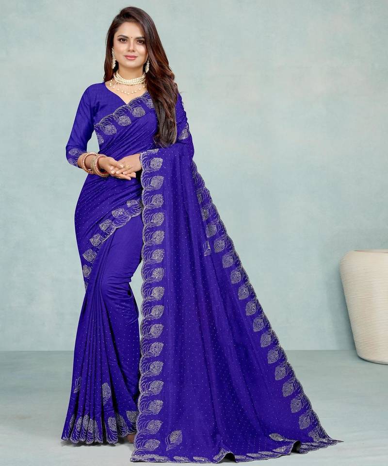 blue color georgette siroski work border saree with un-stitched blouse