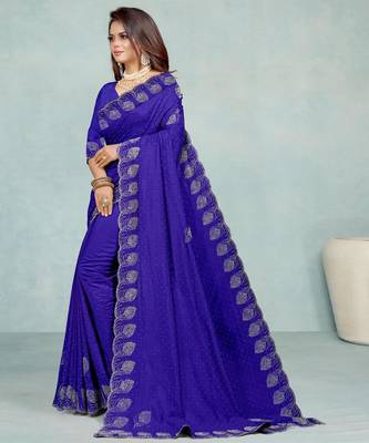 blue color georgette siroski work border saree with un-stitched blouse 2