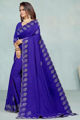 blue color georgette siroski work border saree with un-stitched blouse