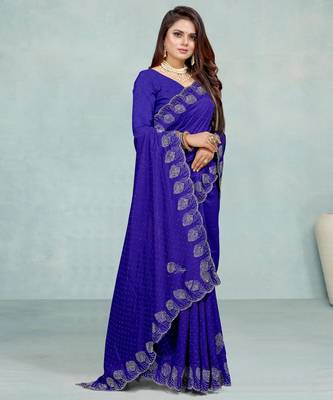 blue color georgette siroski work border saree with un-stitched blouse 3