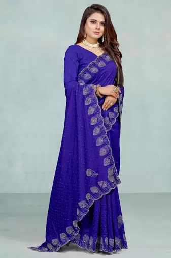blue color georgette siroski work border saree with un-stitched blouse