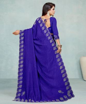 blue color georgette siroski work border saree with un-stitched blouse 5