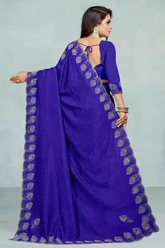 blue color georgette siroski work border saree with un-stitched blouse