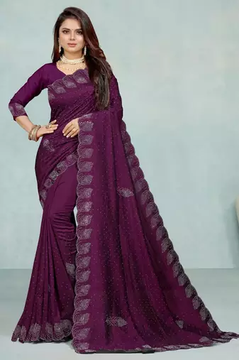 purple color georgette siroski work border saree with un-stitched blouse