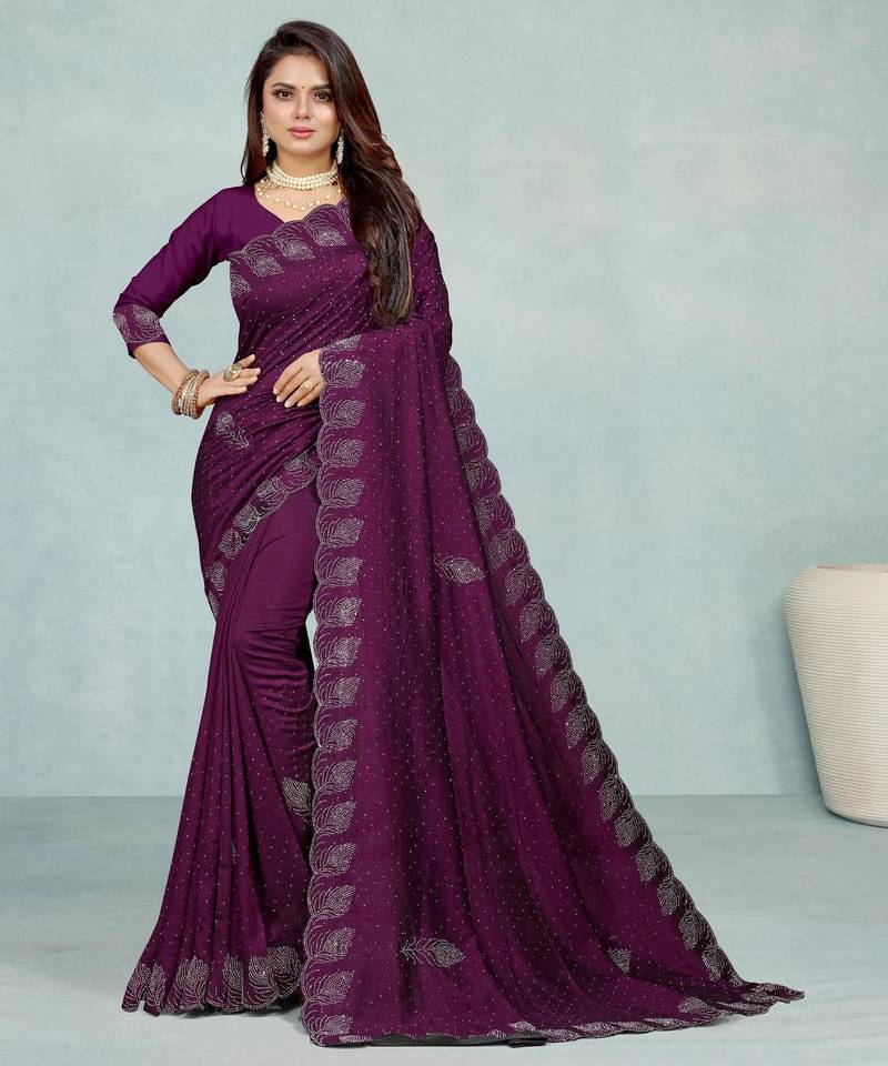 purple color georgette siroski work border saree with un-stitched blouse